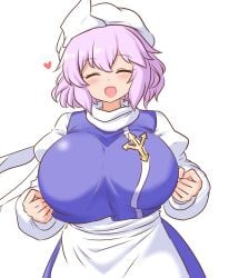 1girls big_breasts breasts clothed_female happy hat heart lavender_hair letty_whiterock light-skinned_female mature_female mizusoba not_porn open_mouth purple_hair solo solo_female touhou water_noodle white_background