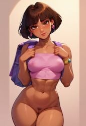 1girls abs aged_up ai_generated backpack blush blush_lines bottomless bracelet brown_eyes brown_hair dora_marquez dora_the_explorer earrings female_only jewelry latina looking_at_viewer navel nickelodeon pubic_hair pussy short_hair solo_female yogiyaga