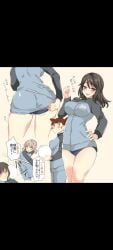 aki_(girls_und_panzer) army_uniform big_breasts big_butt breasts gym_uniform mika_(girls_und_panzer) mikko_(girls_und_panzer) shirt_tug