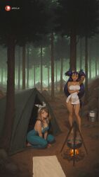 2girls ai_generated aisinful ass bamboo_forest barefoot big_ass big_breasts big_butt blue_hair blush breasts bush dark-skinned_female dark_skin female forest grass hi_res iris_(pokemon) large_breasts long_hair may_(pokemon) medium_breasts multiple_girls nature nintendo no_panties open_mouth outdoors pokemon thick_thighs tree wide_hips