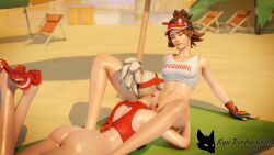 3d ass beach cunnilingus kiriko_(overwatch) lifeguard_kiriko lifeguard_mercy mercy oiled oily overwatch overwatch_2 public public_indecency public_nudity pussy pussy_licking