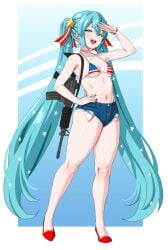 1girls 4th_of_july american_flag_bikini american_miku ar-15 artist_request assault_rifle blue_eyes blue_hair bra carbine_(gun) clothing denim denim_shorts female firearm freedom_miku gun hair_ornament hand_on_hip hatsune_miku human jean_shorts jeans light-skinned_female light_skin long_hair m4 m4a1 microshorts minishorts mrbowater pale-skinned_female pale_skin red_shoes rifle short_shorts small_breasts solo standing stars_in_hair swimwear thick_thighs turquoise_eyes turquoise_hair twintails twitter_link united_states_of_america very_long_hair vocaloid weapon