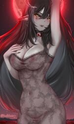 black_hair black_nails cameltoe green_eyes helldeer layna_lazar nipples_visible_through_clothing red_moon see-through_clothing virtual_youtuber