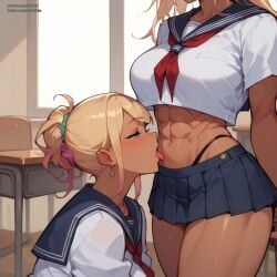 2girls ai_generated dark-skinned_female gyaru head_out_of_frame horny lesbian licking_abs licking_navel pasart school_uniform schoolgirl teenager yuri