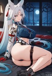 ai_generated big_breasts breasts cleavage cowboy_shot feixiao_(honkai:_star_rail) female hi_res honkai:_star_rail huge_breasts long_hair ponytail thick_thighs thighs vinzyai white_hair