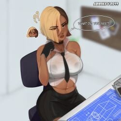 1girls abdomen abioske annoyed annoyed_expression antonia_(fortnite) belly belly_button big_ass big_breasts big_thighs blueprint blurred_background blurry_background dark-skinned_female dark_hair dark_skin fortnite fortnite:_battle_royale fully_clothed miniskirt nipples_visible_through_clothing office office_chair office_clothing office_lady seductive seductive_body seductive_female see-through see-through_clothing see-through_top see_through sitting sitting_on_chair solo solo_female solo_focus staring_at_viewer talking_to_viewer tan_body tan_skin thick_hips thick_legs thick_thighs thin_waist tie tummy two_tone_hair