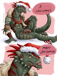 2024 abysm anthro argonian armor aubrietarose balls blep bottomless bottomless_anthro bottomless_male christmas christmas_clothing christmas_headwear clothed clothing digital_media_(artwork) english_text everquest forked_tongue genitals green_body green_scales hat headgear headwear hi_res holidays humanoid_genitalia humanoid_hands humanoid_penis iksar leather leather_armor lizard male markings merr_chrismas microsoft penis pupils red_markings reptile santa_hat scales scalie slit_pupils solo text the_elder_scrolls tongue tongue_out