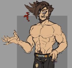 bara beard bulge crystalchimera facial_hair flaccid guilty_gear guilty_gear_strive male male_only monocle muscles muscular shirtless slayer_(guilty_gear) solo solo_male