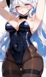 ai_generated armpit armpit_fetish armpits arms_up arms_up_over_head arms_up_pose bangs bangs_between_eyes bangs_over_eyes big_ass big_breasts big_butt blue_eyes blue_hair blush breasts bunny_ears bunny_tail bunnysuit covered_nipples covering_breasts flushed flushed_face furina_(genshin_impact) genshin_impact huge_breasts illyfurina latex latex_suit long_hair looking_at_viewer looking_down looking_down_at_viewer milf milf_body pale-skinned_female pale_skin playboy_bunny seducing seduction seductive seductive_body seductive_eyes seductive_gaze seductive_look seductive_mouth seductive_pose socks stable_diffusion thighs waist white_hair