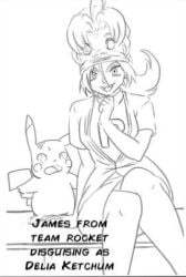 delia_ketchum_(pokemon) disguise dress fokk3rs james_(pokemon) mask mask_off pikachu pokemon pokemon_(species) sketch skinsuit text wide_hips