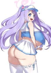 1girls ass blue_archive blue_eyes female female_only hanae_(blue_archive) hanae_(cheerleader)_(blue_archive) large_ass large_breasts light-skinned_female light_skin long_hair looking_at_viewer looking_back noe_(ppppriver) purple_hair remedial_knights_(blue_archive) skirt solo tagme thighhighs trinity_general_school_student