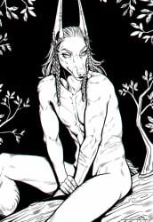 anthro braided_hair canid canine ear_piercing hair hi_res line_art long_ears looking_at_viewer male mammal nipples nude piercing pinup plant pose road~abelgeym scar simple_background solo