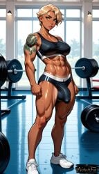 1futa 1futanari ai_generated athletic athletic_futa big_balls big_penis bulge bulge_through_clothing dark-skinned_futa flaccid flaccid_penis full_body futa_is_bigger futa_only futadom futanari huge_cock large_penis muscular muscular_female muscular_futa saggy_balls thick_thighs tight_clothing
