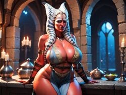 abs ai_generated ass big_ass big_breasts breasts cleavage huge_ass huge_breasts large_ass large_breasts red_skin shaak_ti shiny_skin star_wars thick_thighs togruta