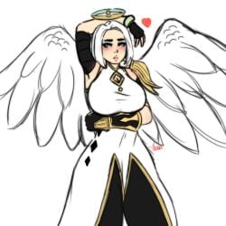 abioske angel angel_wings ark_(fortnite) big_breasts blue_markings fortnite fortnite:_battle_royale full_body fully_clothed halo heart_eyes light-skinned_female seductive seductive_body seductive_eyes seductive_female seductive_pose white_hair wings