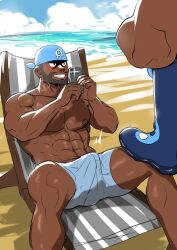 archie_(pokemon) beach big_bulge boner bulge dark-skinned_male dark_skin erection huge_bulge male male_only matt_(pokemon) melanin muscles muscular muscular_male outdoors pokemon pokemon_oras sitting smiling spread_legs suyohara team_aqua