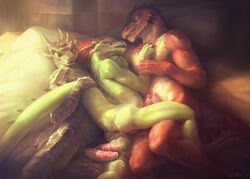 3boys after_sex anthro argonian backsack balls bed bedroom bethesda_softworks bodily_fluids cum cum_inside digitigrade erection eye_contact furniture gay genital_fluids genitals glistening glistening_body glistening_eyes glistening_skin green_body group group_sex hair half-closed_eyes hand_on_chest holding_tail hopper31 horn horned_lizard_(disambiguation) inside intimate iukeini klongi light lizard long_tail looking_at_another lying male male/male male_only muscular muscular_male narrowed_eyes nude open_mouth orange_hair pillow pupils red_body red_eyes reptile scales scalie sex sharp_teeth signature size_difference slit_pupils smile snout spikes sunlight teeth the_elder_scrolls threesome tongue tongue_out video_games yaoi zartersus