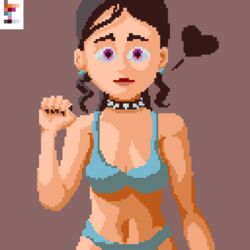 1girls bikini black_nail_polish black_nails blue_bikini blue_earrings blue_swimwear brown_hair choker color_palette female heart_cutout olkris pixel_art ponytail purple_eyes spiked_collar swimwear wavy_bangs