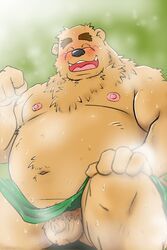 2021 2:3 anthro balls black_nose blush brown_body brown_fur closed_eyes flaccid fur genitals humanoid_hands kemono male mammal moobs nipples overweight overweight_anthro overweight_male penis shibatanukiti sitting small_penis solo towel ursid