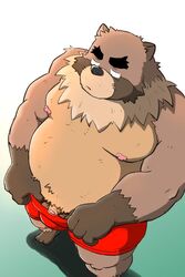 2021 2:3 anthro balls brown_body brown_fur canid canine clothing flaccid fur genitals kemono male mammal moobs nipples overweight overweight_anthro overweight_male penis raccoon_dog shibatanukiti small_penis solo tanuki underwear