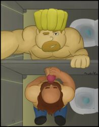 bara beard blonde_hair blowjob boner brown_hair cartoon_network chubby chubby_male cock_hungry dilf erection fellatio gay glory_hole greg_universe large_penis licking_penis majstervis male male_only mr._fryman nude one_eye_closed pleasure_face public_restroom selfie shirtless steven_universe toilet_stall viewed_from_above