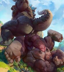 2021 2boys anthro anus ape balls blush bodily_fluids digital_media_(artwork) gay genital_fluids genitals godzilla godzilla_(series) godzilla_vs_kong gorilla haplorhine hi_res kaiju king_kong king_kong_(series) macro male male/male male_only mammal nipples penis plant precum primate tree yaoi zoroj