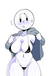 2020 anthro blush breasts looking_at_viewer micro_bra mob_face sketchygal sweatdrop taking_off_jacket thong white_body white_skin