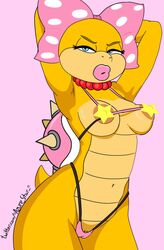 1girls accessory anthro areola areola_slip arms_behind_head arms_up azure_(star) big_areola blue_eyes breasts clitoral_hood clitoris clothing female female_only genitals hair_accessory hair_ribbon hairbow half-closed_eyes hi_res jewelry koopa koopaling lingerie lips lipstick makeup mario_(series) necklace nintendo pink_background ribbons scalie shell simple_background solo standing tail video_games wendy_o._koopa