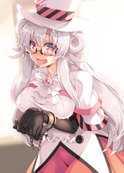 bangs beatmania beatmania_iidx black_gloves blurry blurry_background breasts cuffs cum cum_on_clothes cum_on_hair dress elbow_gloves eyebrows_visible_through_hair facial glasses gloves handcuffs hat highres large_breasts long_hair looking_at_viewer red_eyes roshin semi-rimless_eyewear silver_hair tongue tongue_out top_hat under-rim_eyewear