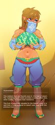 1girls absurd_res blush breasts breath_of_the_wild bridal_gauntlets caption cleavage clothed clothing combos-n-doodles curse cursed_item eyeshadow gerudo_link gerudo_sirwal gerudo_top gerudo_veil high_heels highres huge_breasts hylian implied_breast_expansion implied_transformation link link_(breath_of_the_wild) long_ears looking_away nintendo partially_clothed rule_63 scar solo text the_legend_of_zelda veil