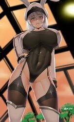 armwear azur_lane blue_eyes bunny_ears collar competition_swimsuit garter_belt garter_straps gloves groin hand_on_hip hat heart-shaped_pupils huge_breasts hypnosis kneehighs legwear mind_control one-piece_swimsuit open_mouth revealing_clothes saizu_nitou_gunsou short_hair swimsuit swimsuit_under_clothes thick_thighs thighhighs tirpitz_(azur_lane) white_gloves white_hair white_stockings