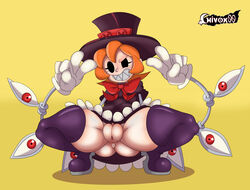 1girls anus ass chivox00 double_peace_sign grin peace_sign peacock_(skullgirls) puffy_pussy pussy sharp_teeth skullgirls smile solo solo_female solo_focus squatting thick_ass thick_thighs thighs