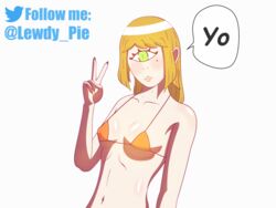 1girls bikini blonde_hair breasts cyclops female female_only green_eyes lewdy_pie one_eye solo standing