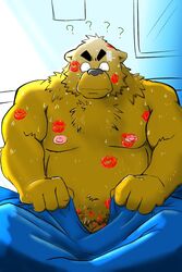 2021 2:3 ? anthro balls bedding belly blanket bodily_fluids brown_body brown_fur fur genitals humanoid_hands kemono male mammal moobs nipples overweight overweight_anthro overweight_male penis shibatanukiti sitting small_penis solo sweat ursid