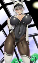 angry armwear azur_lane blue_eyes blush bunny_ears bunny_girl bunnysuit collar embarrassed gloves groin hand_on_hip hat huge_breasts kneehighs legwear looking_at_viewer pantyhose saizu_nitou_gunsou short_hair thick_thighs tirpitz_(azur_lane) white_gloves white_hair white_stockings