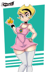 1girls 5_fingers aged_up apple_of_discord big_breasts black_choker black_eyes blonde_hair cartoon_network chivox00 choker female female_only golden_apple light-skinned_female looking_at_viewer mandy_(billy_and_mandy) pink_dress pixiv tagme teal_background the_grim_adventures_of_billy_and_mandy thighhighs white_thighhighs wide_hips