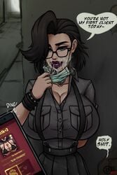 1girls breasts cleavage cum cum_on_face cum_stain cum_stains cum_under_mask cum_wearing female glasses goth huge_breasts looking_at_viewer mask millennia_gotthard millennium4ever purple_lipstick raiounsfw sticky_cum surgical_mask text the_gotthards