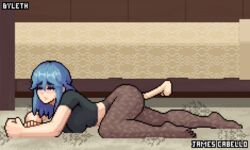 2d 2d_animation anal animated big_breasts blue_eyes blush byleth_(fire_emblem) byleth_(fire_emblem)_(female) female female_protagonist fire_emblem fire_emblem:_three_houses james_cabello large_breasts leggings medium_hair nintendo on_floor on_ground on_stomach pantyhose pixel_animation pixel_art sex teal_hair