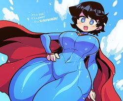 1girls big_breasts black_hair blue_eyes blush bodysuit cape clara_kent costume crap-man dc english_text female female_only hand_on_hip hi_res large_breasts legs_together medium_hair sky_background solo solo_female superheroine superman_(series) superwoman text thick thick_thighs tight_clothing