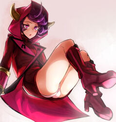 ass boots courtney_(pokemon) courtney_(pokemon_oras) creatures_(company) dress expressionless fake_horns female flipped_hair game_freak high_heel_boots high_heels highres hood horned_headwear horns microdress nintendo nishiide_kengorou panties pantyshot pokemon pokemon_(game) pokemon_oras purple_eyes purple_hair ribbed_sweater short_hair simple_background sitting solo sweater sweater_dress team_magma underwear uniform white_panties