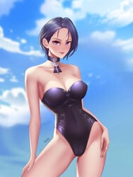 1girls bare_thighs big_breasts blue_hair choker fire_emblem fire_emblem:_three_houses looking_at_viewer nintendo one-piece_swimsuit partially_visible_vulva porblee purple_eyes purple_swimsuit shamir_nevrand short_hair smile solo solo_female swimsuit