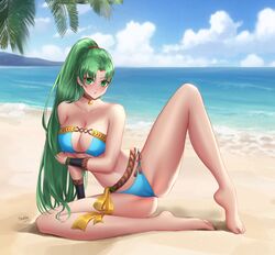 1girls alternate_costume bare_legs bare_midriff bare_shoulders beach bikini blue_bikini blue_swimsuit cleavage collarbone fire_emblem fire_emblem:_the_blazing_blade fire_emblem_heroes green_eyes green_hair large_breasts long_hair looking_at_viewer lyn_(fire_emblem) lyn_(summer)_(fire_emblem) nintendo nipple_bulge ocean open_mouth partially_visible_vulva ponytail porblee seaside solo solo_female source_larger spread_legs swimsuit very_long_hair