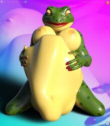 amphibian anthro beatrice_(loneclaw) belly big_belly big_breasts breasts daz3d daz_3d daz_studio duo female frog hands_on_belly hyper hyper_belly kneeling loneclaw oral_vore same_size_vore sitting smile stomach_bulge unwilling_vore vore