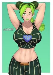 1girls abs armpit armpits arms_behind_head arms_up artist_name artist_signature belly big_breasts breasts cleavage collarbone cowboy_shot crop_top female female_only female_protagonist fit fit_female flytrapxx frame gradient_background green_background green_eyes green_hair green_lips hair_bun jojo's_bizarre_adventure jolyne_kujo large_breasts looking_at_viewer midriff navel one_eye_closed panties pants panty_straps pose posing presenting presenting_armpit sensual sexy_armpits signature simple_background smile solo solo_female solo_focus stomach stone_ocean straps thong thong_above_pants thong_straps tits toned toned_female two_tone_hair white_frame wide_hips