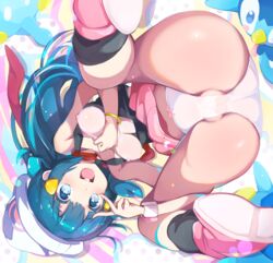 absurdres areolae beanie black_legwear blue_eyes blue_hair blush boots breasts covered_nipples dawn_(pokemon) female hair_ornament hat heart heart-shaped_pupils highres long_hair looking_at_viewer medium_breasts open_mouth over-kneehighs papion partially_visible_vulva pink_footwear pink_panties pink_skirt piplup pokémon_(species) pokemon pokemon_(species) pussy_visible_through_clothes scarf see-through shirt skirt sleeveless sleeveless_shirt smile symbol-shaped_pupils v