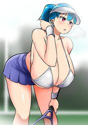 big_breasts bikini_top blue_hair breasts cleavage curvy errorkazoo female huge_breasts looking_at_viewer medium_hair miniskirt open_mouth outdoor red_eyes rina_atherina_(errorkazoo) solo source_request sweat sweatdrop tennis tennis_racket tennis_uniform thick_thighs