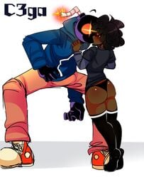 anthro blush boner bulge carol_(bbpanzu) carol_x_whitty closed_eyes dark-skinned_female female friday_night_funkin kissing no_pants partially_nude size_difference surprised thong whitty_(friday_night_funkin) whitty_(sock.clip)