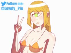 areolae bikini blonde_hair blush breasts cyclops female female_only front_view green_eyes lewdy_pie nipples solo standing