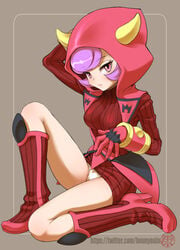 arm_behind_back arm_up boots breasts cameltoe courtney_(pokemon) courtney_(pokemon_oras) creatures_(company) dress expressionless fake_horns female full_body game_freak half-closed_eyes hood horns hounyouin legs long_sleeves nintendo panties pantyshot pokemon pokemon_(game) pokemon_oras purple_eyes purple_hair short_dress short_hair solo sweater team_magma turtleneck turtleneck_sweater twitter_username underwear upskirt white_panties