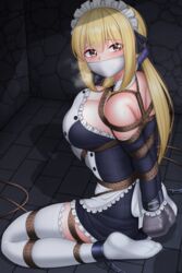 big_breasts blonde_hair bondage bow chains cleavage cuffs dungeon fairy_tail female femsub gag gagged highres kneeling lucy_heartfilia maid maid_headdress maid_uniform no_shoes over_the_mouth_gag plusout ponytail rope rope_bondage side_view sideboob sweat taped_hands thighhighs yellow_eyes